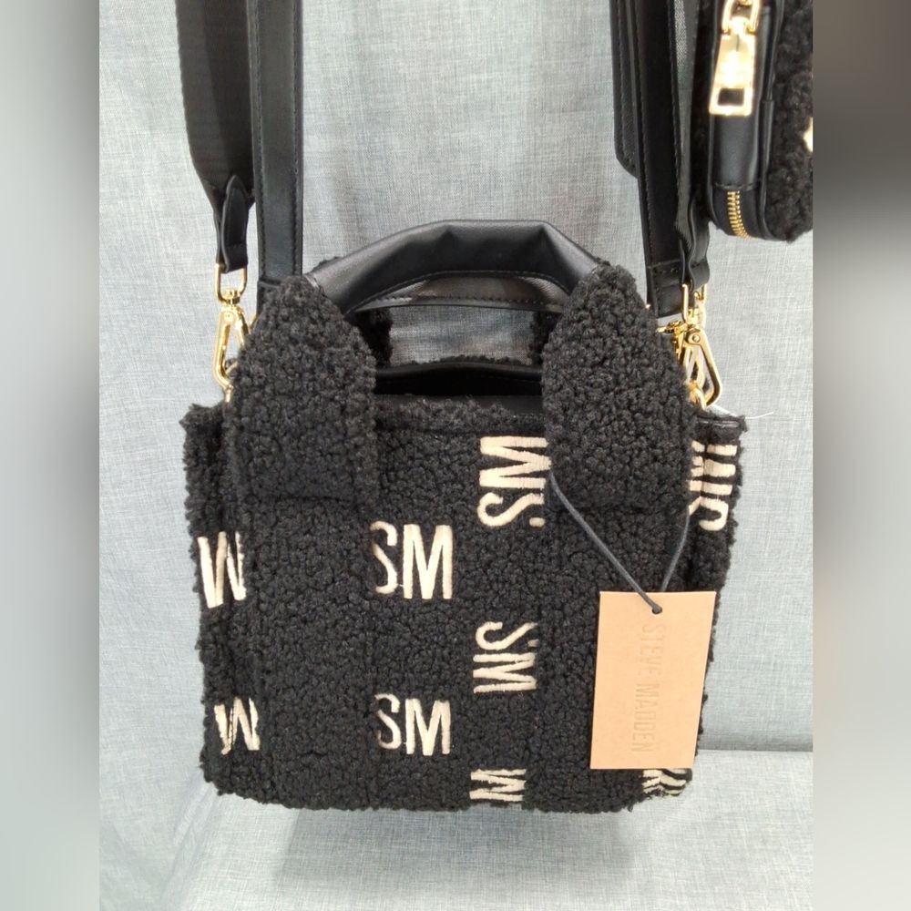 NWT Steve Madden Black Satchel Embroidered Sherpa Bwebber Crossbody Handbag